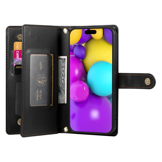 Cu clapetă pentru iPhone 16, Wallet Zipper Pocket, negru
