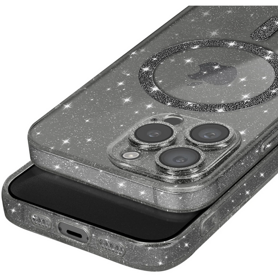 Husă pentru iPhone 16 Pro, ERBORD Glitter MagSafe, negru + Sticlă pentru ecran