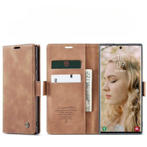Husa CASEME pentru Samsung Galaxy S22 Ultra, Leather Wallet Case, maro