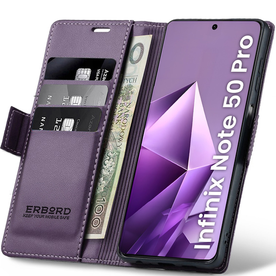 Husă pentru Infinix Note 50 Pro, ERBORD Glossy Litchi, portofel cu clapetă, violet