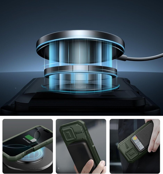 Husă blindată pentru iPhone 16 Pro, Dexnor CamProtect MagSafe, verde (Două rame)