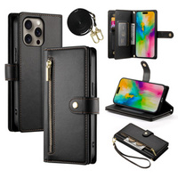 Cu clapetă pentru iPhone 16 Pro, Wallet Zipper Pocket, negru