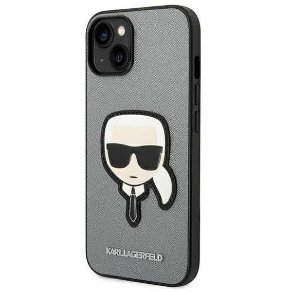 Karl Lagerfeld Huse pentru iPhone 14, Saffiano Karl's Head Patch, de argint