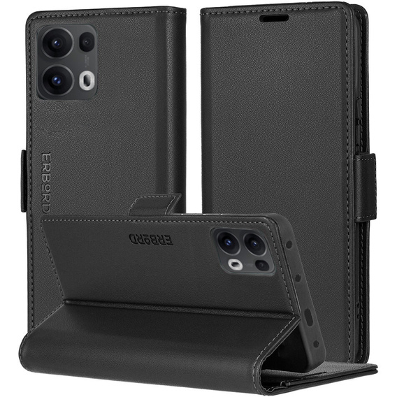 Husă pentru Oppo Reno 13 Pro, ERBORD Glossy Litchi, portofel cu clapetă, negru