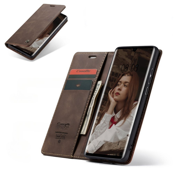 Husa CASEME pentru Huawei P30 Pro, Leather Wallet Case, maro închis