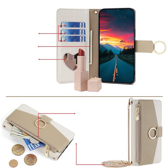 Carcasă flip pentru Samsung Galaxy S24, Wallet Zipper Pocket, cu oglindă, alb