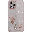 Husă pentru iPhone 14 Pro Max, Glitter Flower, roz rose gold