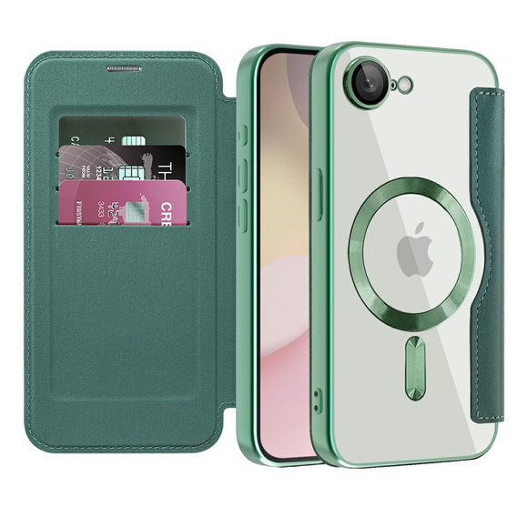 Cu clapetă pentru iPhone 16E, RFID Wallet MagSafe CamShield, verde