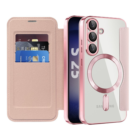 Cu clapetă pentru Samsung Galaxy S25+ Plus, RFID Wallet MagSafe CamShield, roz