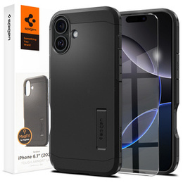 Carcasa Spigen pentru iPhone 16, Tough Armor Mag MagSafe, negru + 9H Tempered Glass