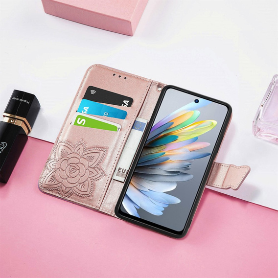 Cu clapetă pentru Motorola Moto G15 / Motorola Moto G15 Power, Butterfly, roz rose gold
