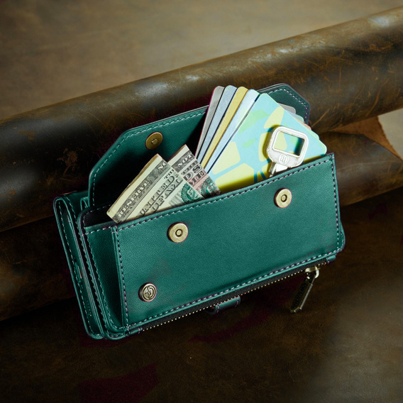Husă CASEME pentru Samsung Galaxy S24 FE, RFID Leather Wallet, cu curea de umăr, verde
