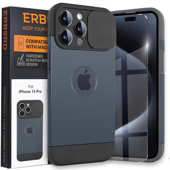 Huse pentru iPhone 15 Pro Max, ERBORD MagProtect Slide Camera, albastru titan
