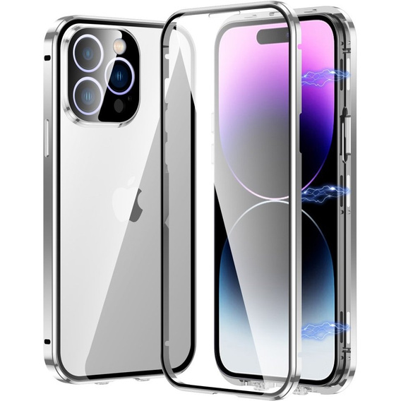 Husa pentru iPhone 15 Pro, Magnetic Dual Glass, de argint