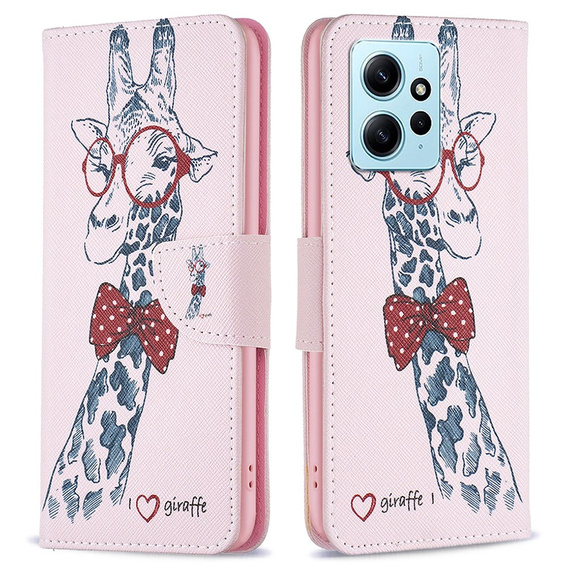 Cu clapetă pentru Xiaomi Redmi Note 12 4G, Wallet, giraffe, roz