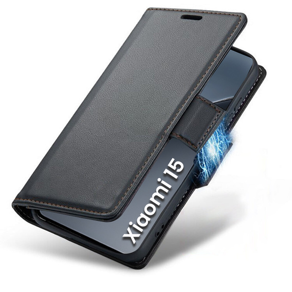 Husă pentru Xiaomi 15, ERBORD Glossy Litchi, portofel cu clapetă, negru