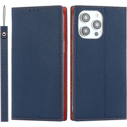 Cu clapetă pentru iPhone 15 Pro, Litchi Skin Grain, albastru închis