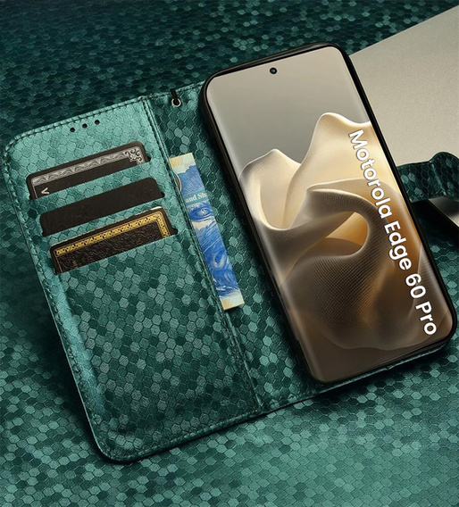 Husa cu clapetă pentru Motorola Edge 60 Pro, Wallet Rhombus, verde