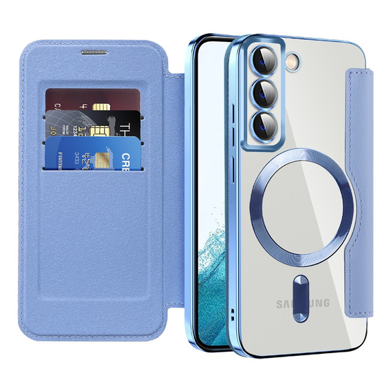Cu clapetă pentru Samsung Galaxy S22 5G, RFID Wallet MagSafe CamShield, albastru