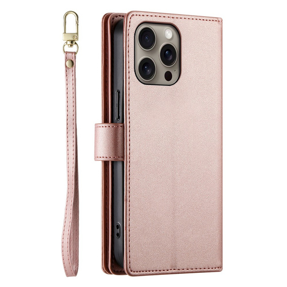Cu clapetă pentru iPhone 16 Pro Max, Wallet Zipper Pocket, roz