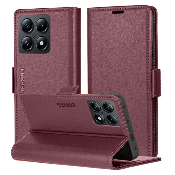 Husă pentru Xiaomi 14T, ERBORD Glossy Litchi, portofel cu clapetă, roșu