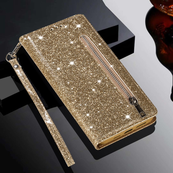 Cu clapetă pentru Samsung Galaxy A36 5G, Wallet Zipper Pocket Glittery, de aur