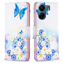 Cu clapetă pentru Xiaomi Redmi 13C / Poco C65, Wallet, butterfly & flowers, alb