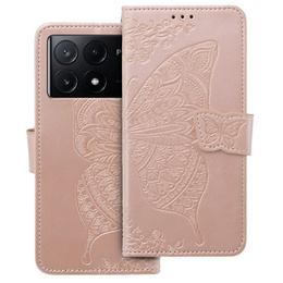 Cu clapetă pentru Xiaomi Poco F6 Pro, Butterfly, roz rose gold