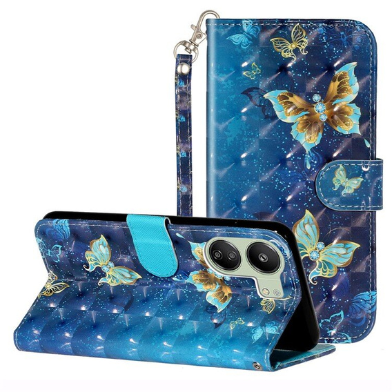Cu clapetă pentru Xiaomi Redmi 13C / Poco C65, Wallet, Butterflies albastru