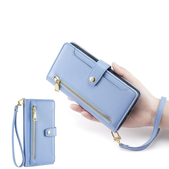 Cu clapetă pentru iPhone 14 Pro, Wallet Zipper Pocket, albastru