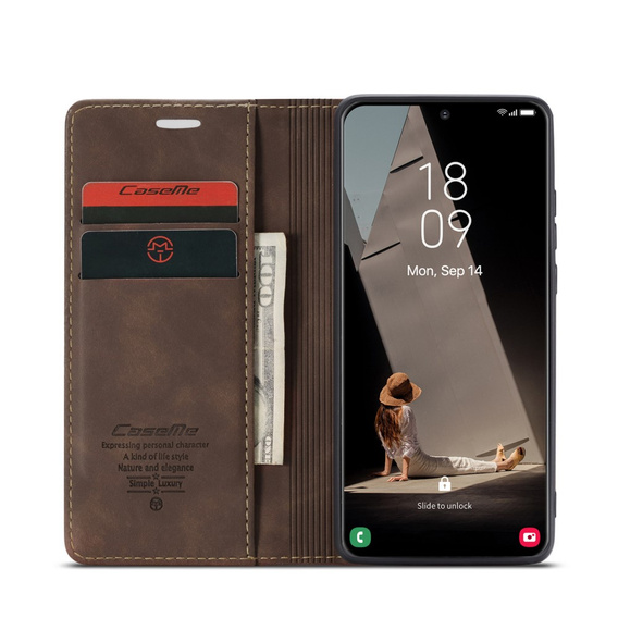 Husa CASEME pentru Samsung Galaxy S21 FE, Leather Wallet Case, cafea