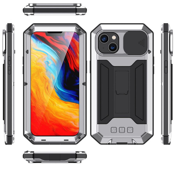 Husă pentru iPhone 14, R-JUST CamShield Slide, armată, de argint / negru