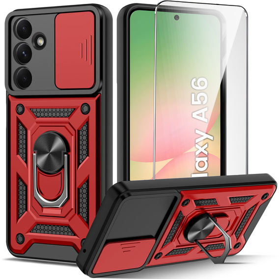 Carcasă blindată pentru Samsung Galaxy A56, CamShield Slide, roșu + sticlă călită 9H