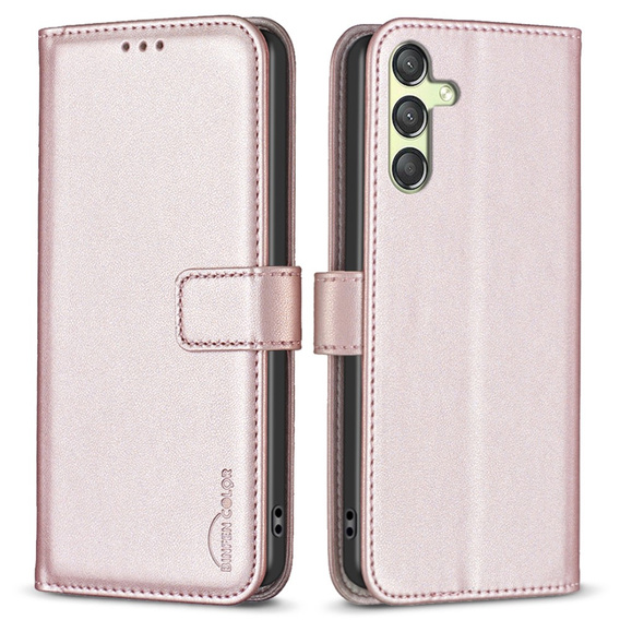 Cu clapetă pentru Samsung Galaxy A25 5G, BINFEN Wallet, roz rose gold + sticlă 9H