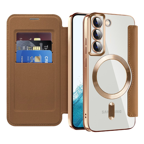 Cu clapetă pentru Samsung Galaxy S22 5G, RFID Wallet MagSafe CamShield, maro