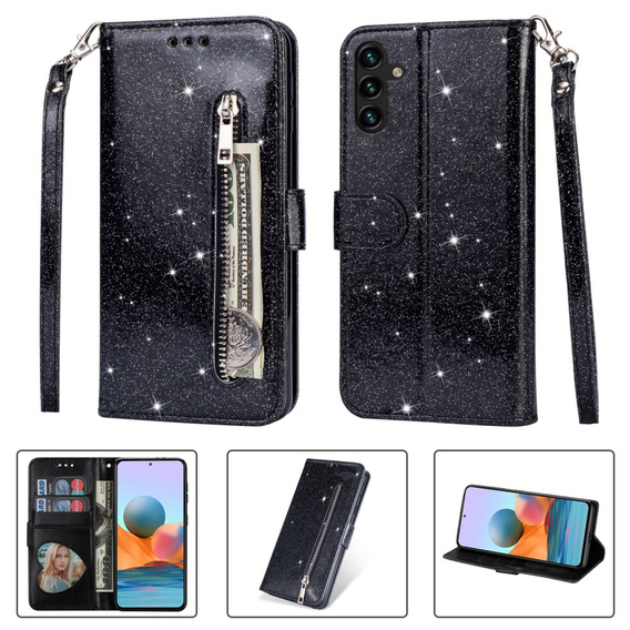 Cu clapetă pentru Samsung Galaxy A55, Wallet Zipper Pocket Glittery, negru