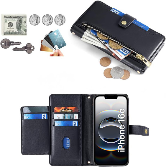 Cu clapetă pentru iPhone 16E, Wallet Zipper Pocket, negru