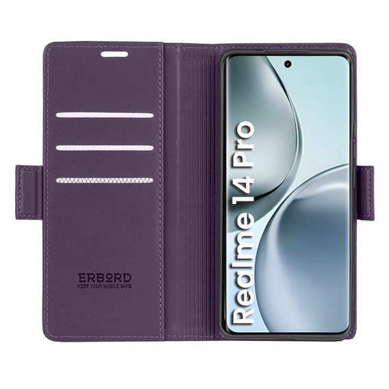 Husă pentru Realme 14 Pro 5G, ERBORD Glossy Litchi, portofel cu clapetă, violet