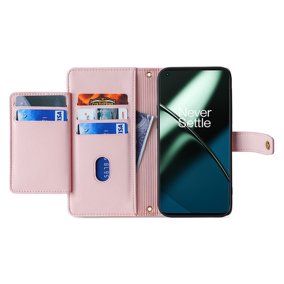 Cu clapetă pentru OnePlus 12 5G, Wallet Zipper Pocket, roz