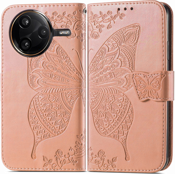 Cu clapetă pentru Xiaomi Poco F7 Pro, Butterfly, roz rose gold