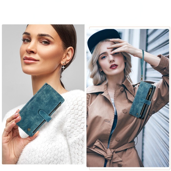 Husa CASEME pentru Samsung Galaxy A56 5G, Leather Wallet Cash and Card Slots, cu curea, albastru