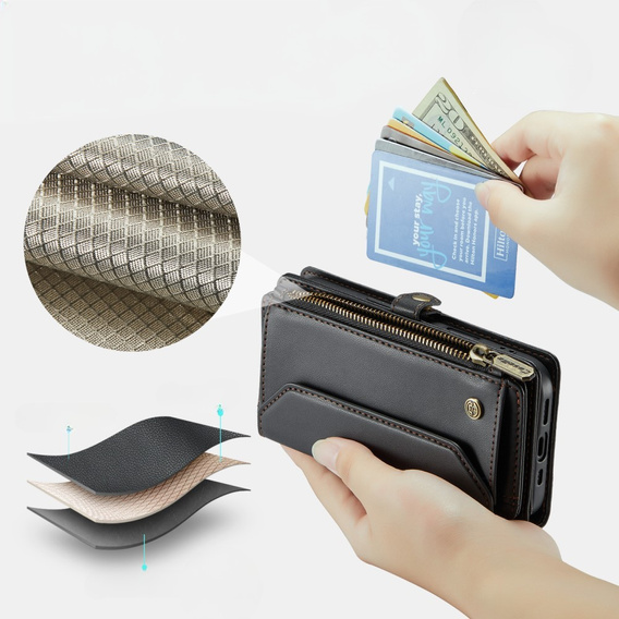 Husă CASEME pentru iPhone16e, RFID Leather Wallet, cu curea de umăr, negru