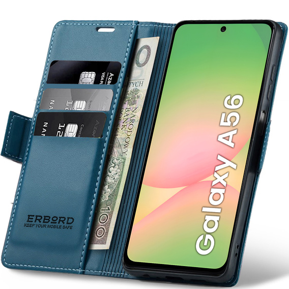 Husă pentru Samsung Galaxy A56, ERBORD Glossy Litchi, portofel cu clapetă, albastru