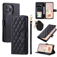 Husă cu clapetă pentru iPhone 16 Pro, Rhombus Crossbody Leather, negru