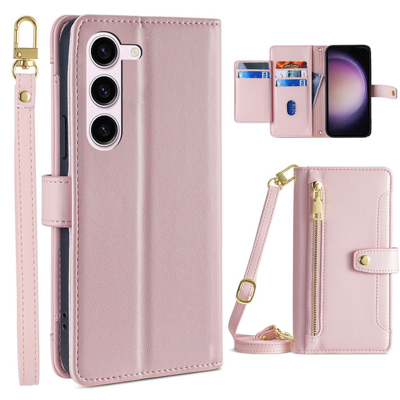 Cu clapetă pentru Samsung Galaxy S23, Wallet Zipper Pocket, roz