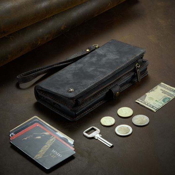 Husă CASEME pentru Samsung Galaxy S25 Ultra, Retro Leather Wallet, cu curea de umăr, negru
