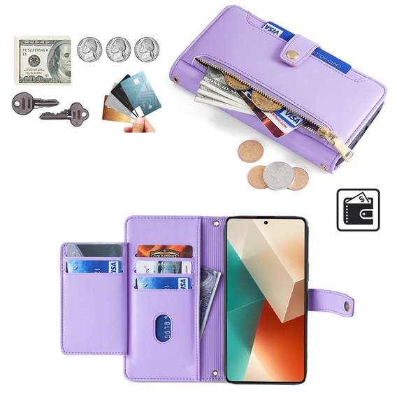 Cu clapetă pentru Xiaomi Redmi Note 13 5G, Wallet Zipper Pocket, violet