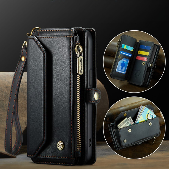 Husă CASEME pentru iPhone16e, RFID Leather Wallet, cu curea de umăr, negru