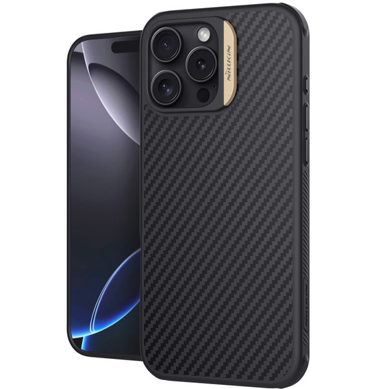 Carcasă pentru iPhone 16 Pro, carcasă blindată Nillkin, Carbon Fiber, pentru Magsafe, de aur