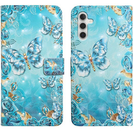 Cu clapetă pentru Samsung Galaxy A05s, Wallet, Blue Gold Butterflies, albastru